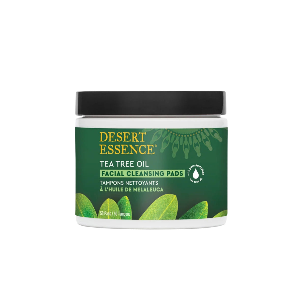 Front view of Desert Essence Tea Tree Oil facial cleansing pads in a green 50-count jar on a white background