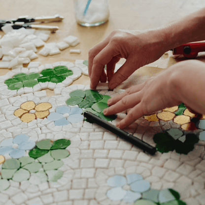 Alternate image of mosaic artist creating product art for Diptyque Limited edition Citronelle and Geranium Summer Body Spray 130ml