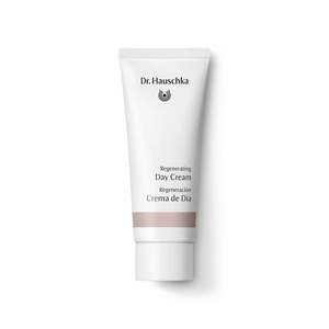 Front view of Dr. Hauschka Regenerating Intensive Day Cream showcasing a white tube with beige band on white background