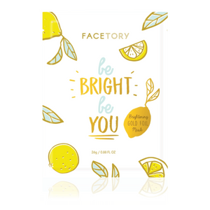 Front view of Facetory Be Bright Be You brightening gold foil sheet mask package with citrus illustrations and gold accents