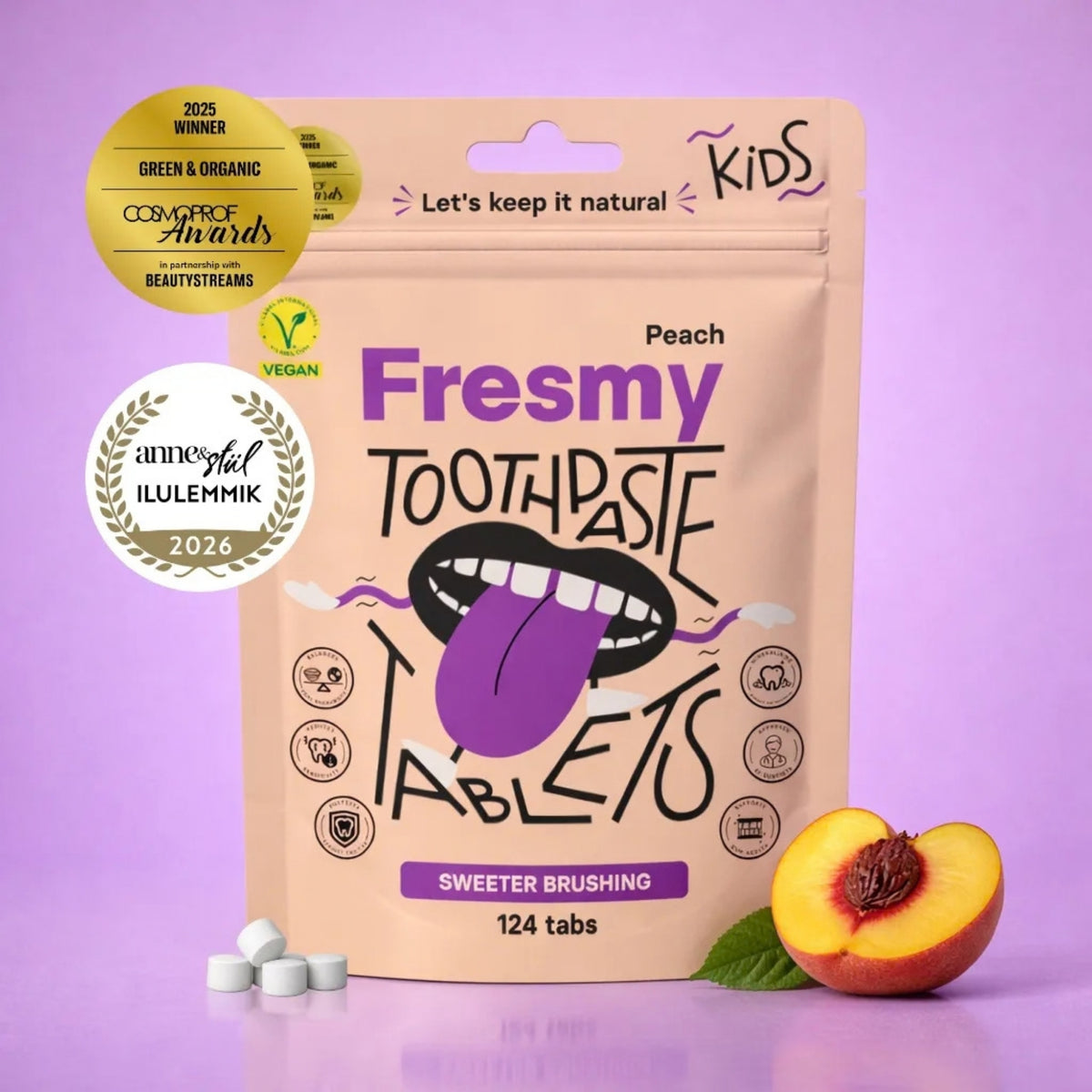 Alternate image of Fresmy Peach Toothpaste Tablets for Kids