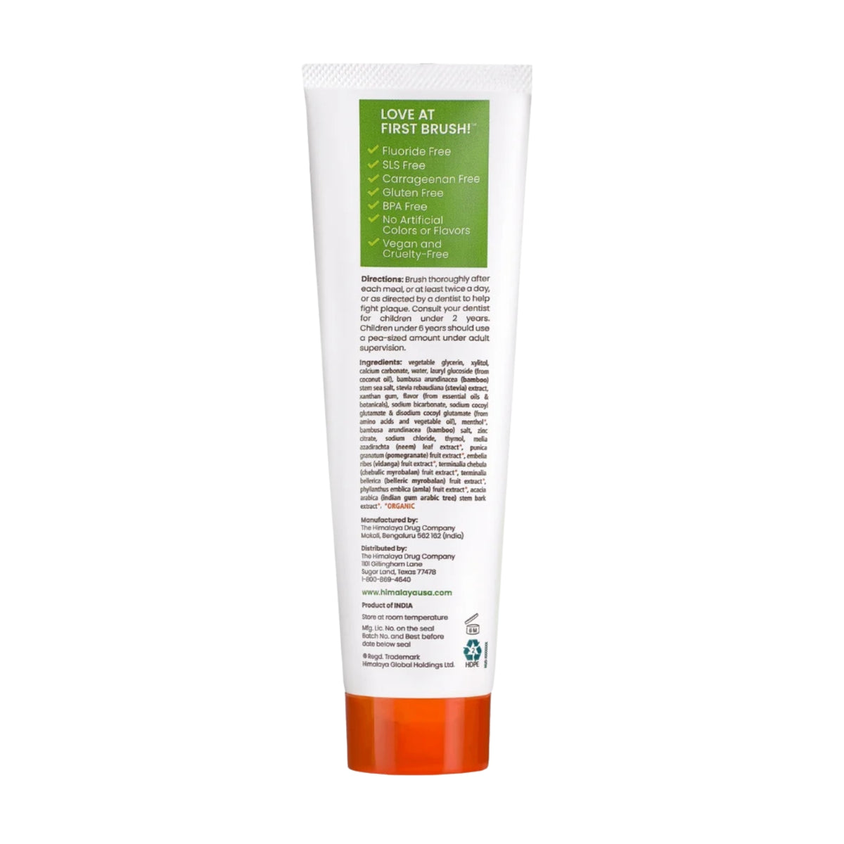 Rear view of Himalaya Bamboo + Sea Salt Toothpaste tube showcasing green claims panel and orange cap on white background