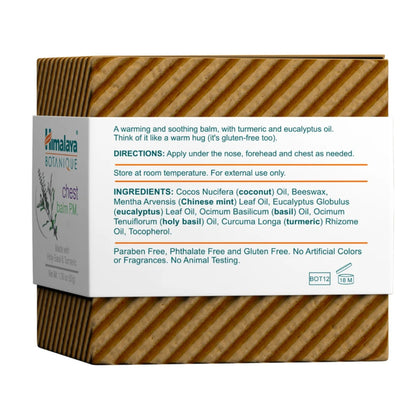 Back and side view of Himalaya Chest Balm P.M. with holy basil and turmeric, showcasing ingredients and directions