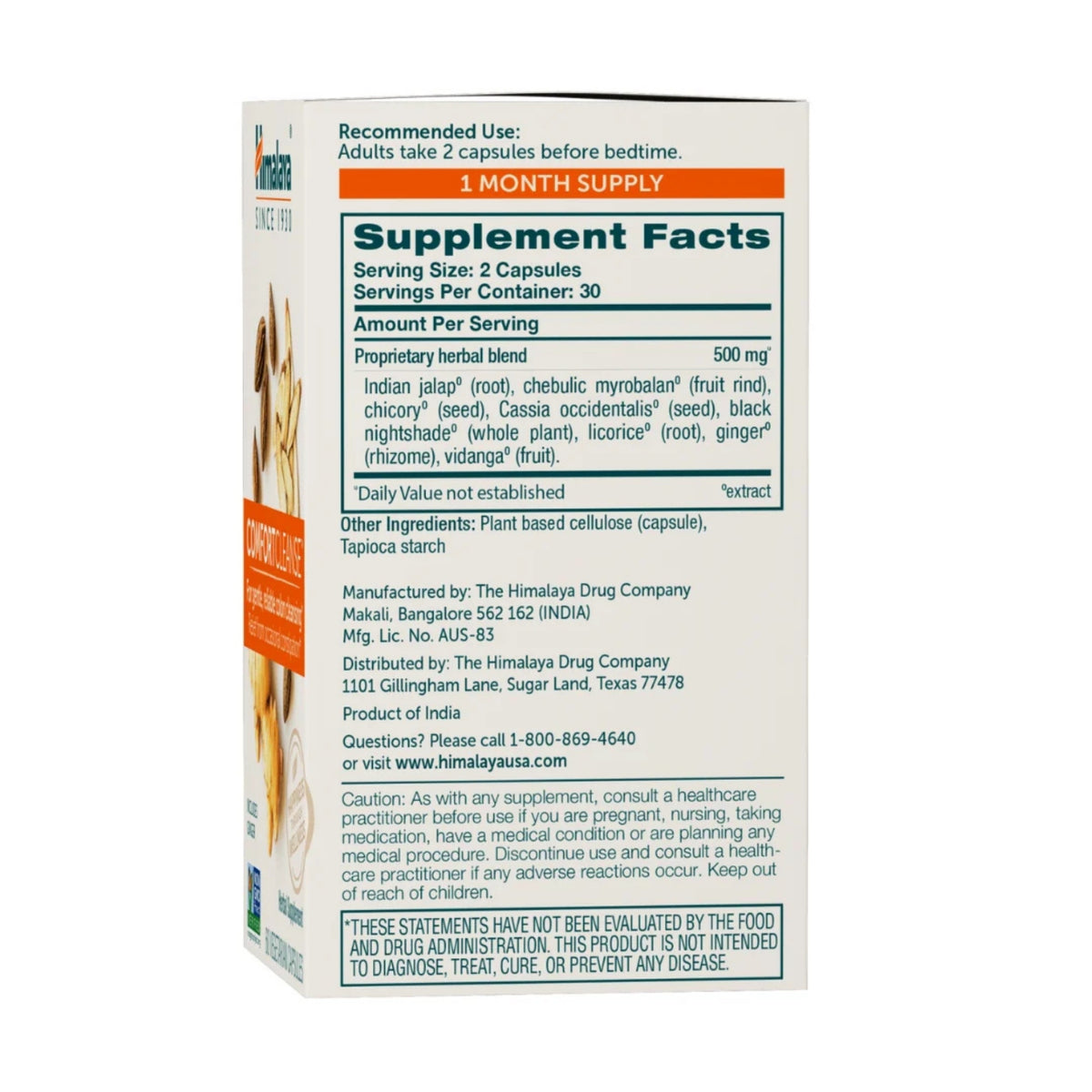 Angled view of Himalaya ComfortCleanse 60-count box showcasing the Supplement Facts panel on white packaging