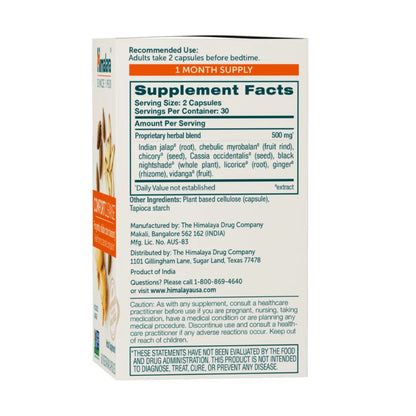Angled view of Himalaya ComfortCleanse 60-count box showcasing the Supplement Facts panel on white packaging