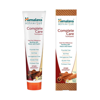 Front view of Himalaya Botanique Complete Care Simply Cinnamon Toothpaste, 5.2 oz, showcasing cinnamon flavor with a white background