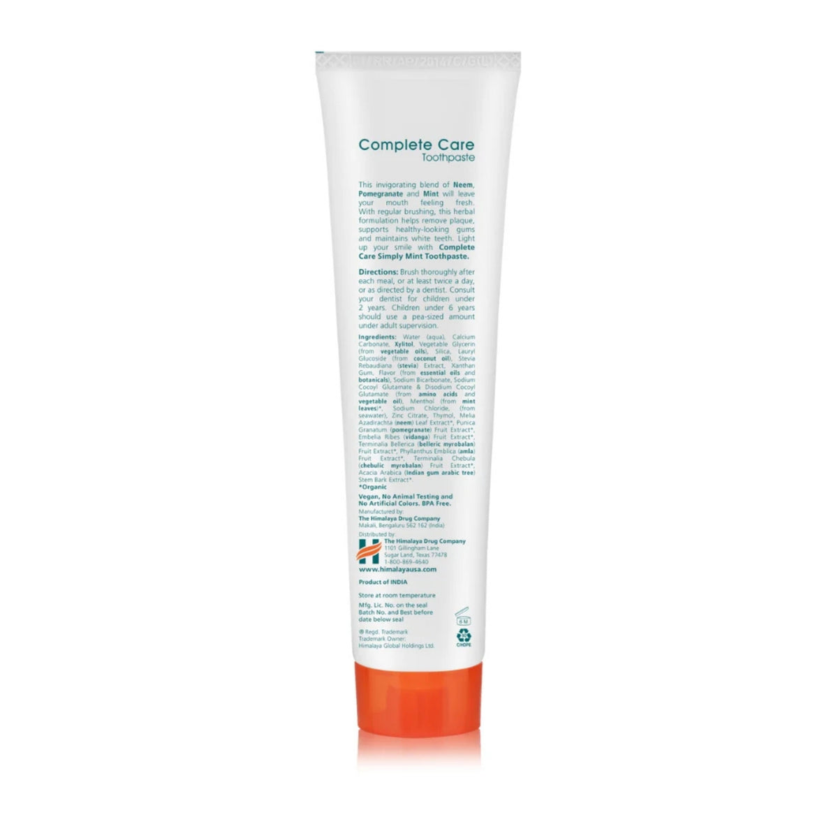 Back view of Himalaya Complete Care Simply Spearmint Toothpaste, 5.2 oz showing white tube and orange cap