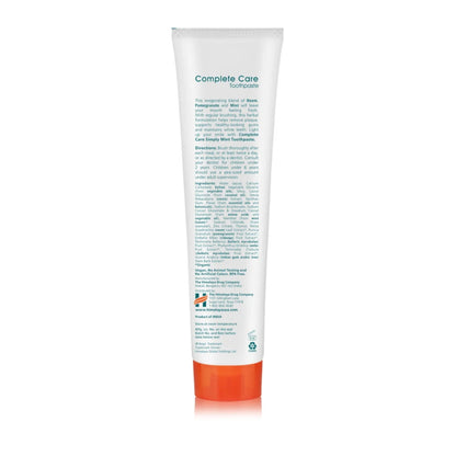 Back view of Himalaya Complete Care Simply Spearmint Toothpaste, 5.2 oz showing white tube and orange cap
