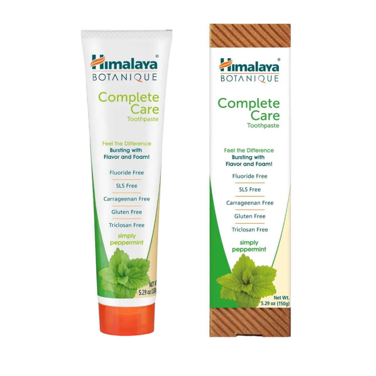 Front view of Himalaya Complete Care Simply Peppermint Toothpaste tube and box showcasing fluoride free formula on white background