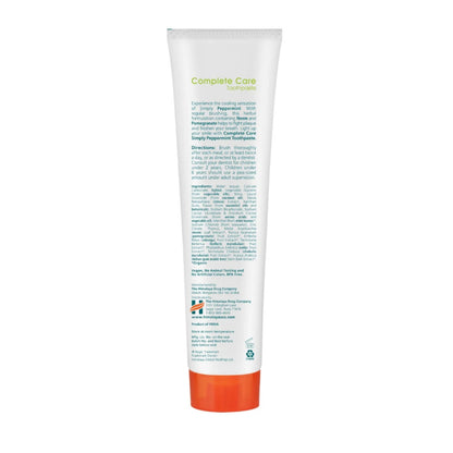 Back view of Himalaya Complete Care Simply Peppermint Toothpaste showcasing its information label and orange cap