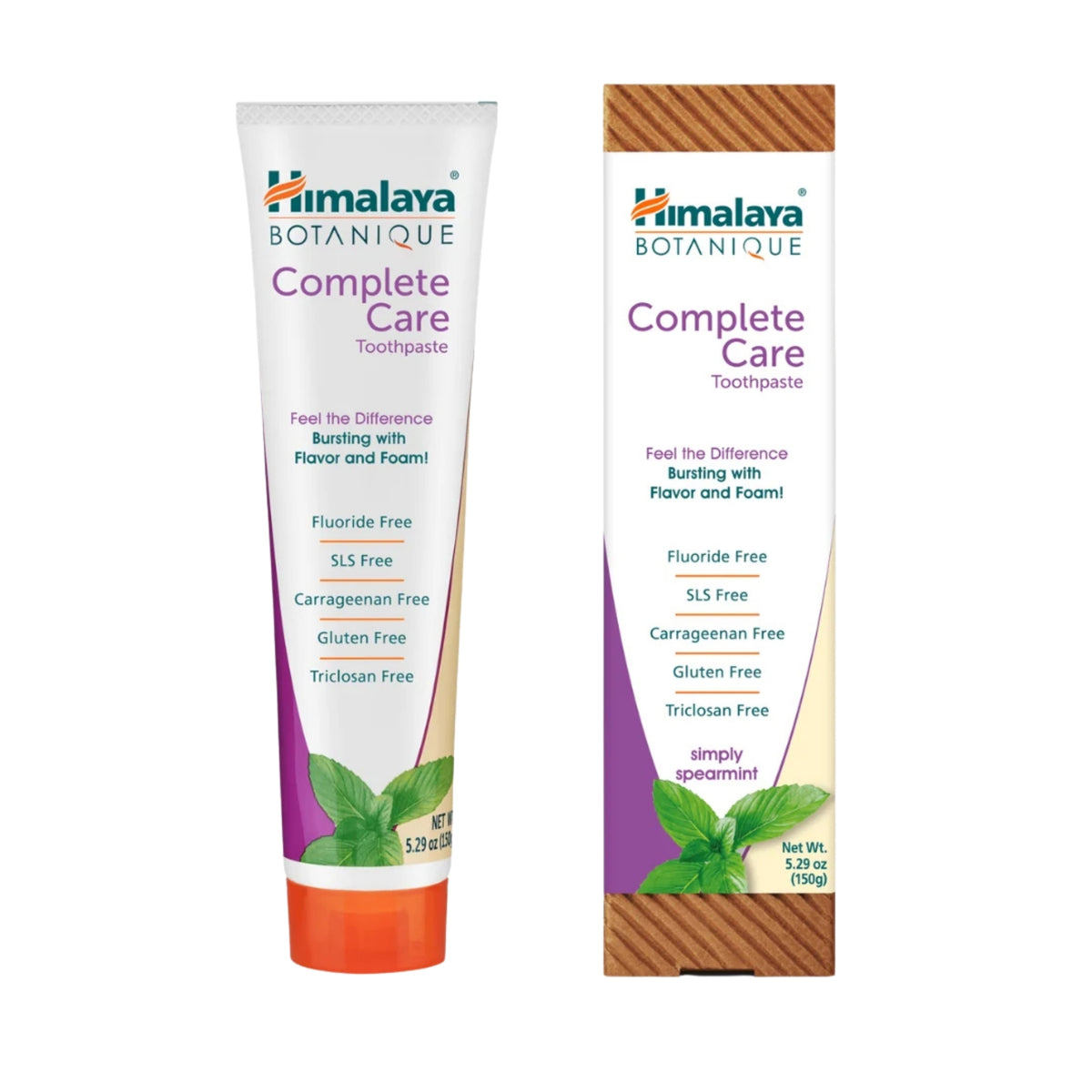 Front view of Himalaya Complete Care Simply Mint toothpaste tube and box showcasing Simply Spearmint labeling on a white background