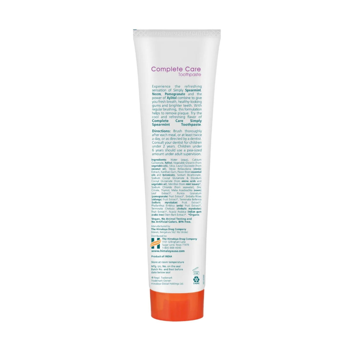 Back view of Complete Care Simply Spearmint Toothpaste tube showing white packaging and an orange cap on a white background