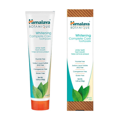 Front view of Himalaya Botanique Whitening Complete Care Simply Mint Toothpaste tube and box on a white background