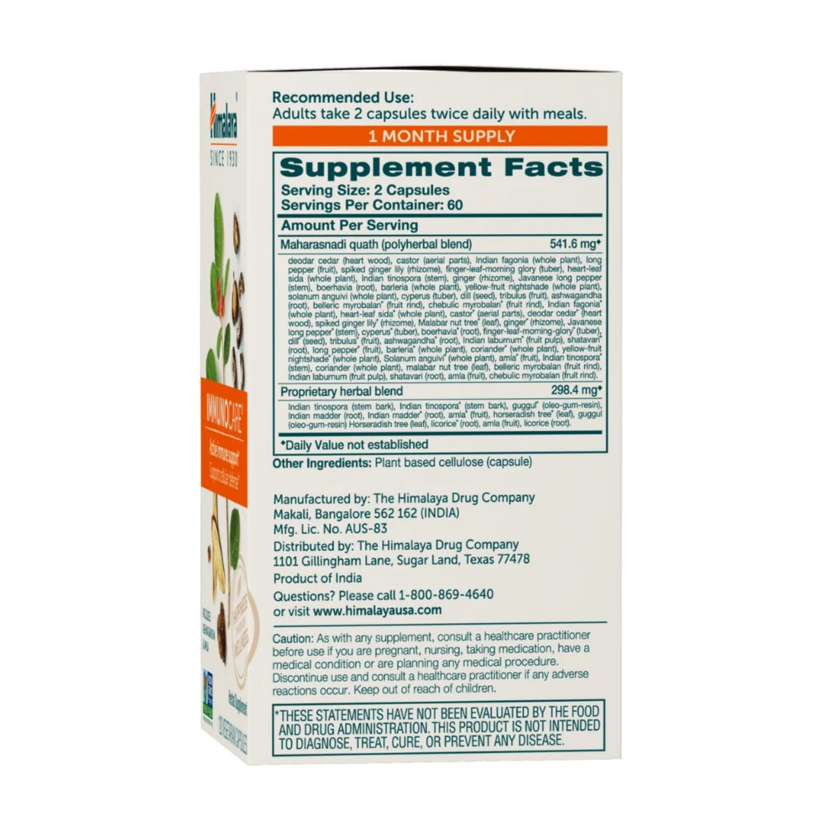 Side view of Himalaya ImmunoCare 120-count supplement box showing Supplement Facts panel on white background