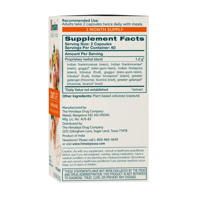 Rear view of Himalaya JointCare 120-count supplement package showing Supplement Facts and recommended use