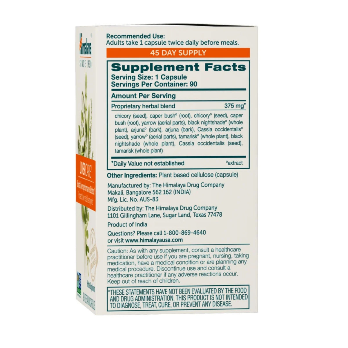 Back view of Himalaya LiverCare 90-count supplement box showcasing Supplement Facts panel with white background
