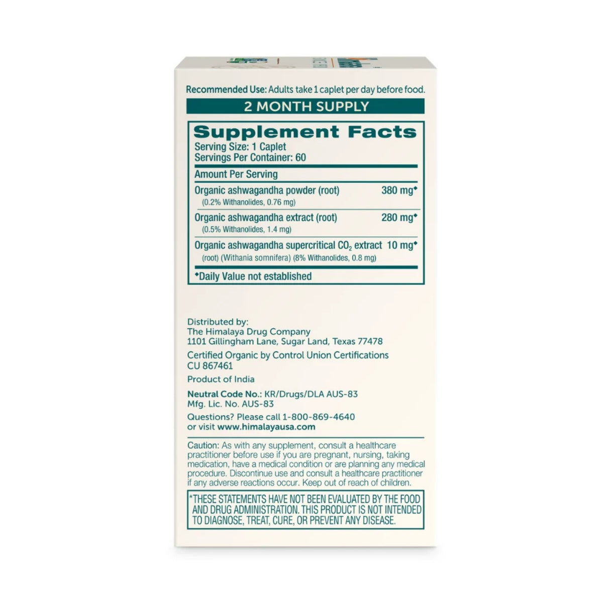 Back view of Himalaya Organic Ashwagandha showing Supplement Facts label on a white background