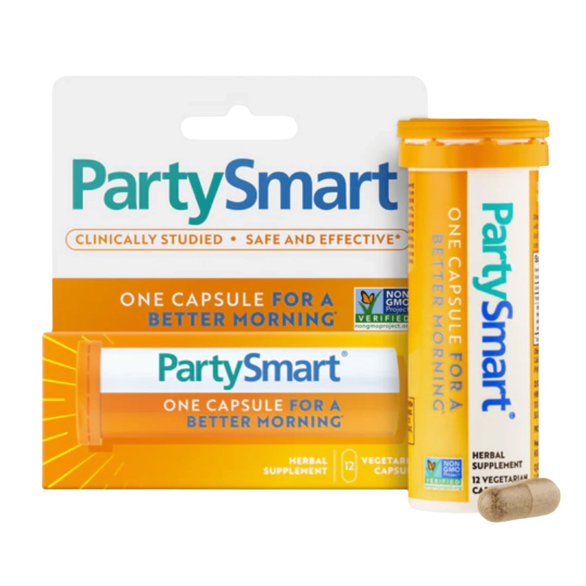 Front view of PartySmart Capsules 12 count showcasing orange packaging with tube and box on a white background