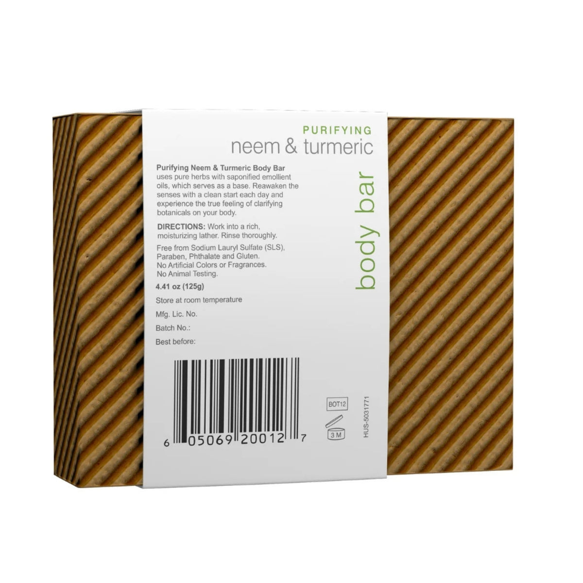 Front view of Purifying Neem and Turmeric Body Bar showcasing striped soap bars and labeled wrapper on a white background