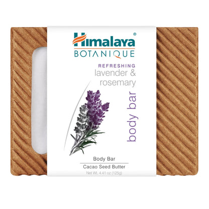 Front view of Himalaya lavender and rosemary body bar showing botanical wrapper and cocoa seed butter