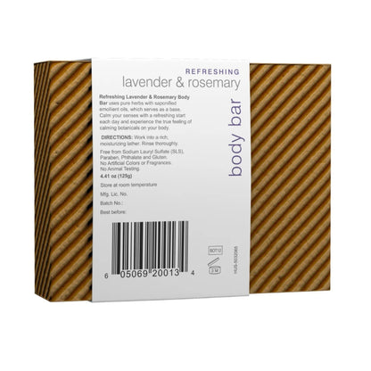 Front view of Himalaya Refreshing Lavender and Rosemary Body Bar with striped packaging and labeled box on white background