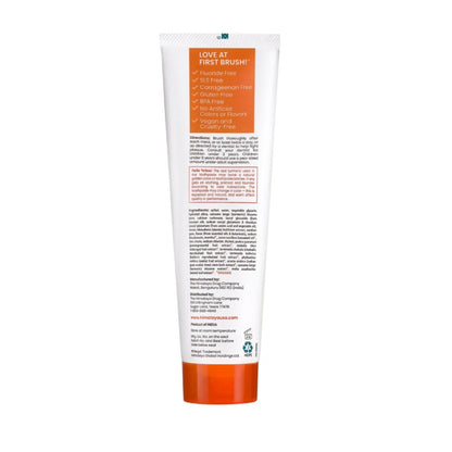 Back view of Himalaya Turmeric + Coconut Oil Toothpaste tube with orange cap on a white background