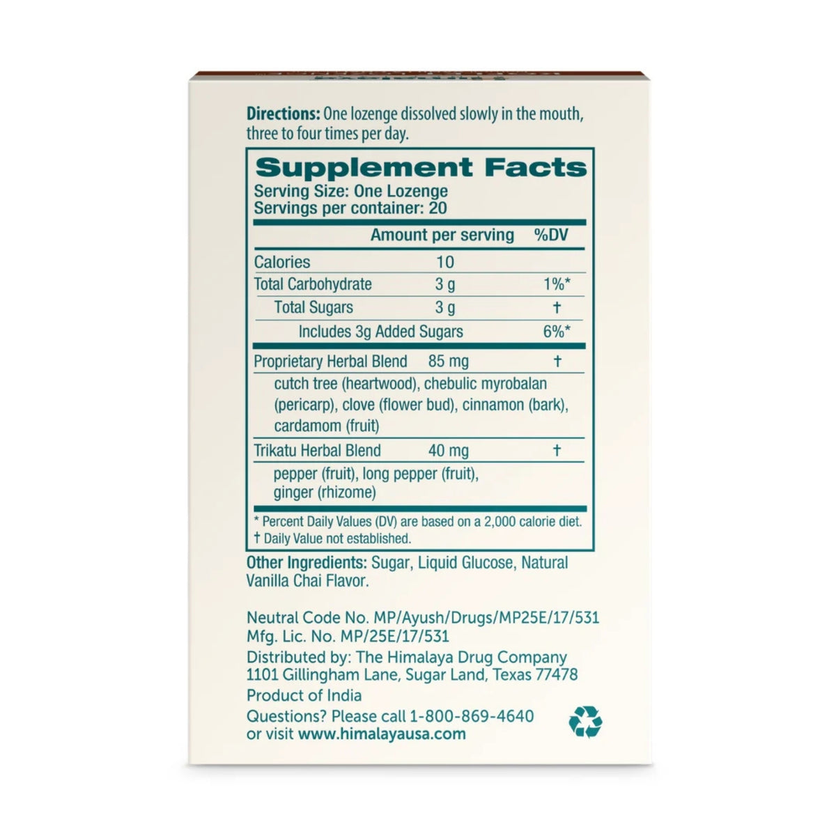 Back view of Vanilla Chai Koflet Lozenge showing Supplement Facts panel on a white background