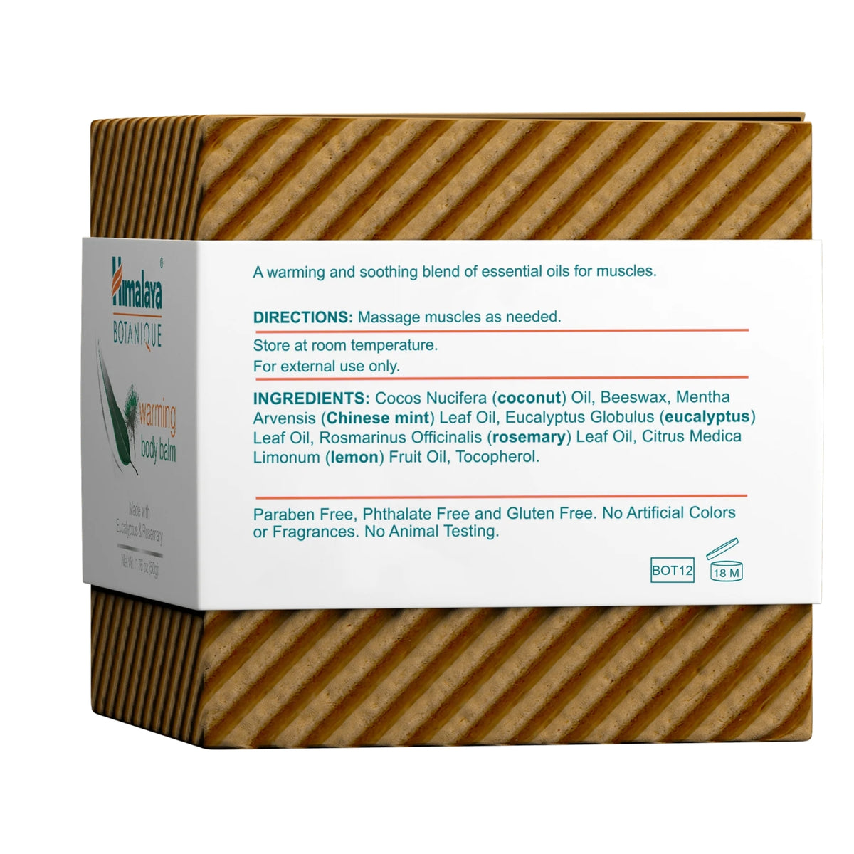 Back view of Himalaya Warming Body Balm with Eucalyptus and Rosemary showing directions and ingredients on a white background