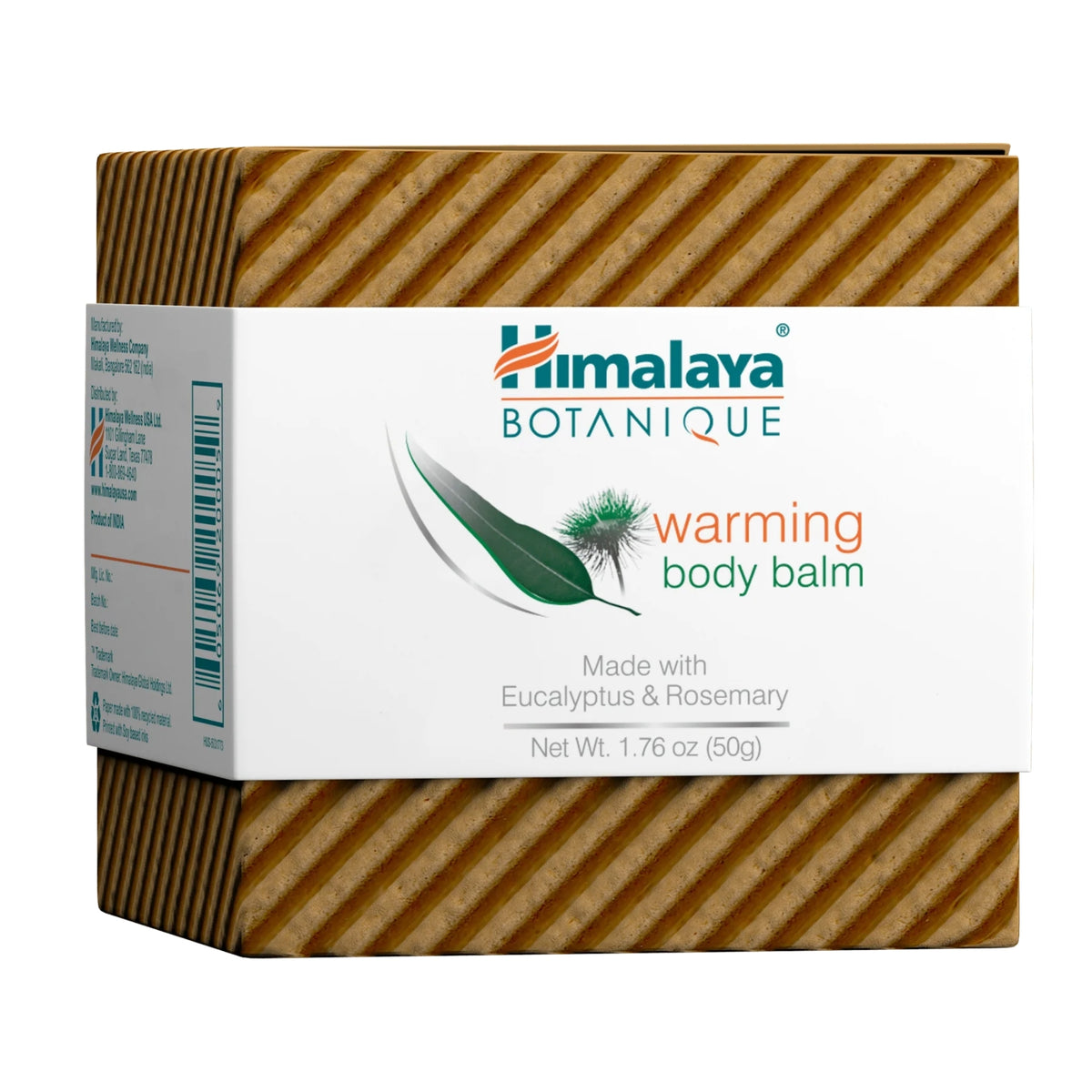 Front view of Himalaya Warming Body Balm showcasing eucalyptus and rosemary, 1.7 ounce box on white background