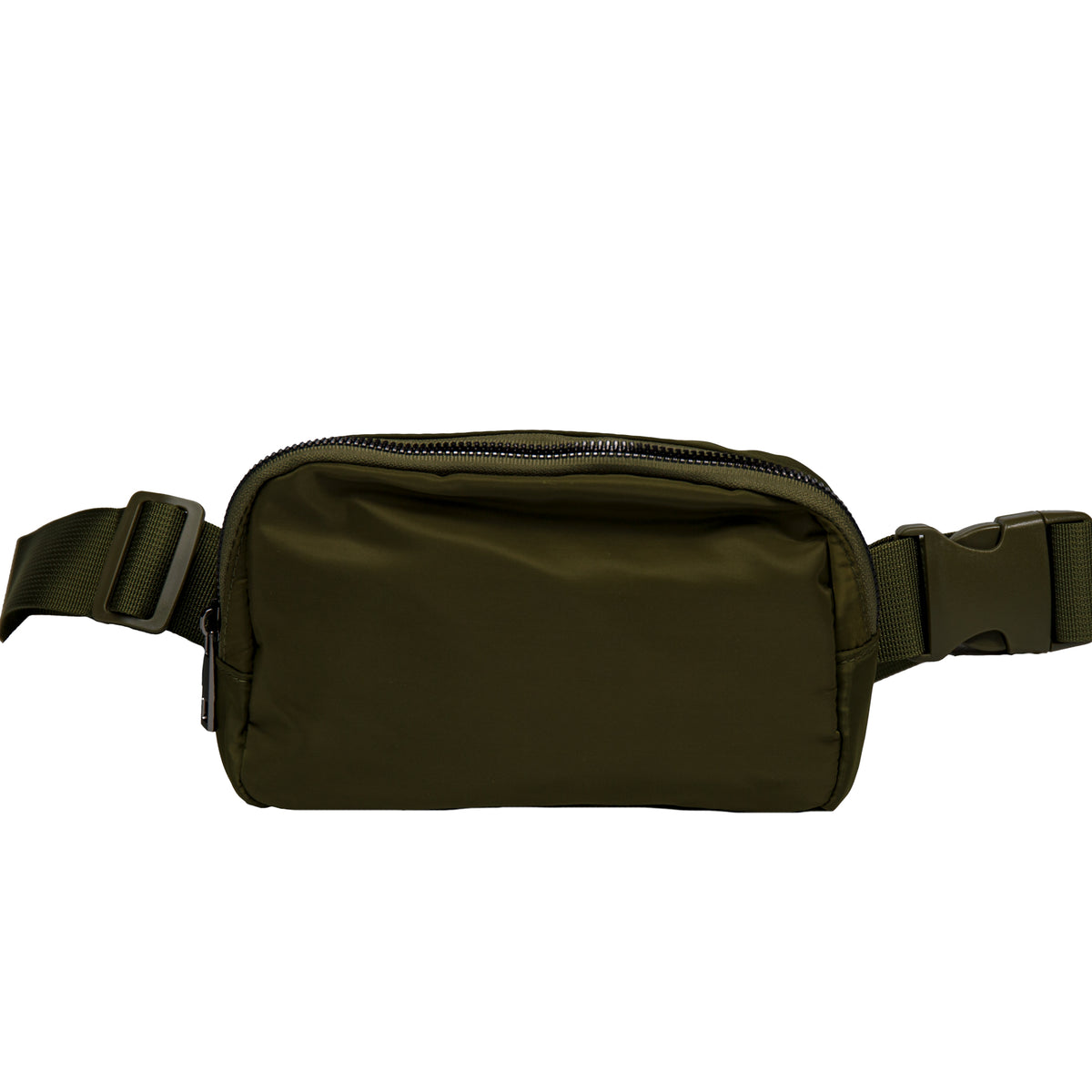 Front view of JOSSLYN Olive Cross Body Fanny Pack Bag showcasing its zippered compartment and adjustable strap on a white background