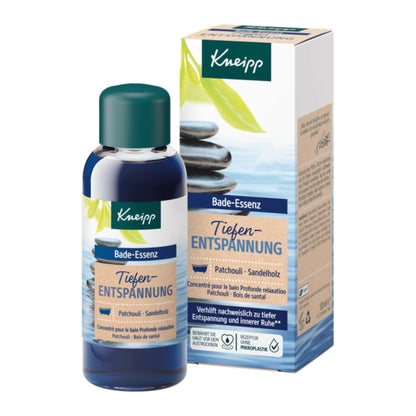 Front view of Kneipp Patchouli and Sandalwood Deep Relaxation Bath Oil bottle and box with labels on white background