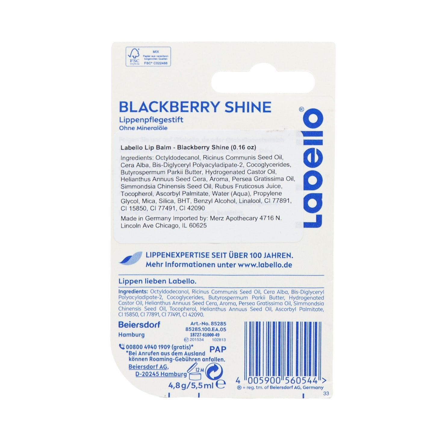 Alternate Image of Primary Image of Lip Balm- Blackberry Shine, lip balm in card packaging with German writing