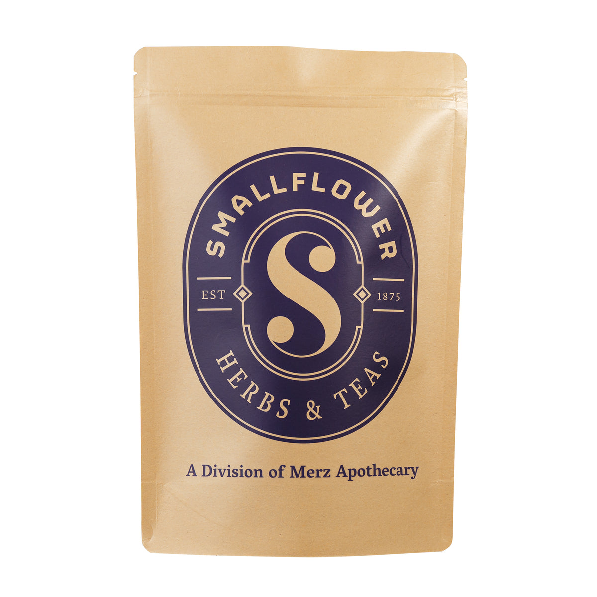Front view of Smallflower Organic Lemongrass showcasing a tan resealable bag with purple logo on a white background