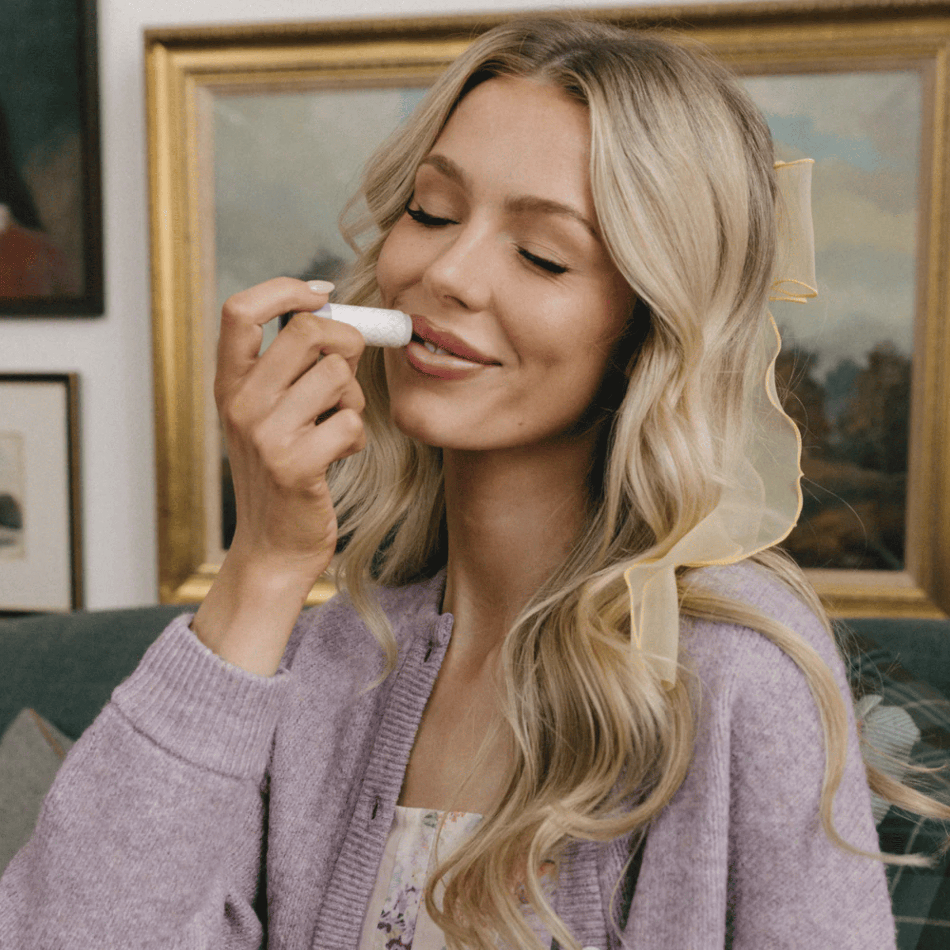 Model image of Poppy & Pout Lavender Cream Puff Cottage Collection Lip Balm