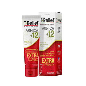 Front view of MediNatura T-Relief Extra Strength Cream showcasing Arnica and 12 plant-based ingredients on white background