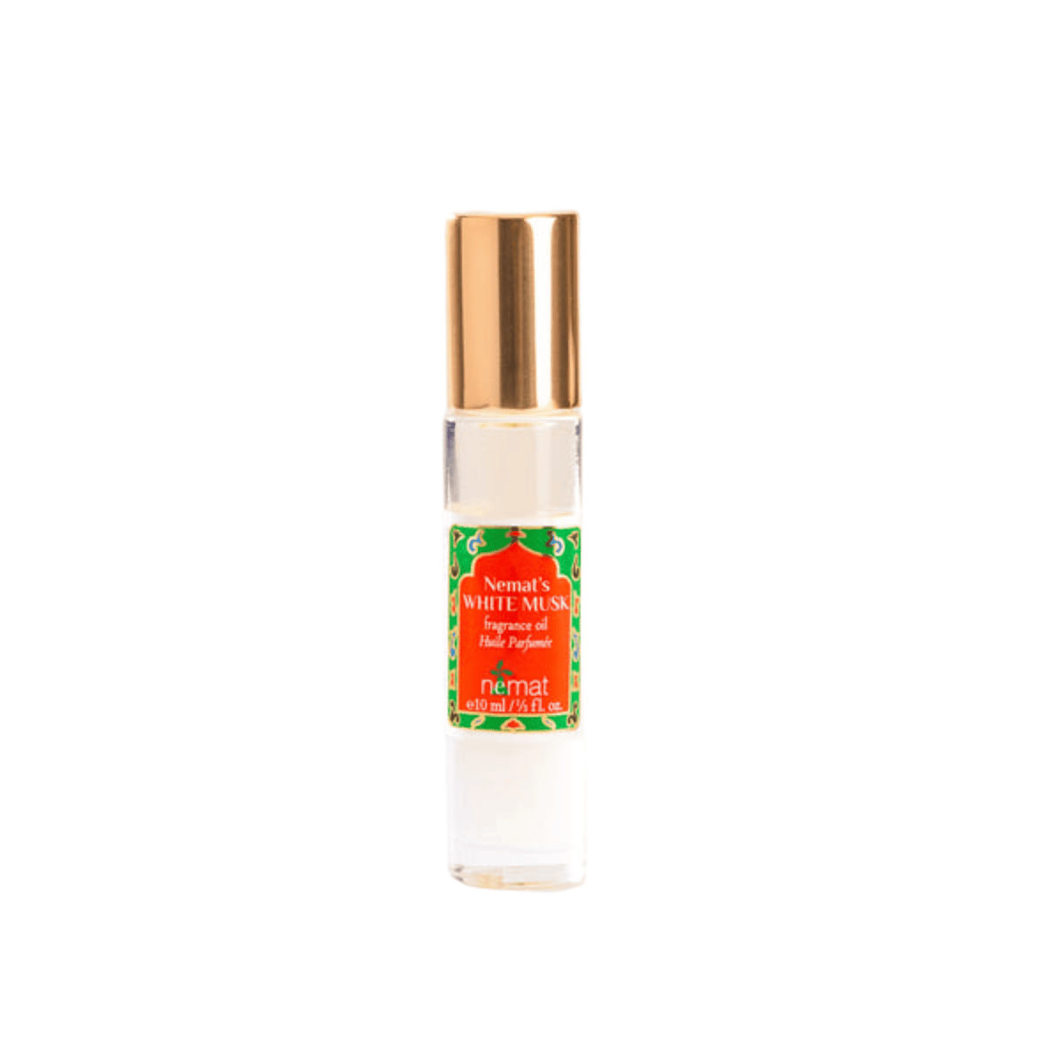 Front view of Nemat International, Inc. White Musk Fragrance Roll-On showcasing its gold cap and colorful label with a white background