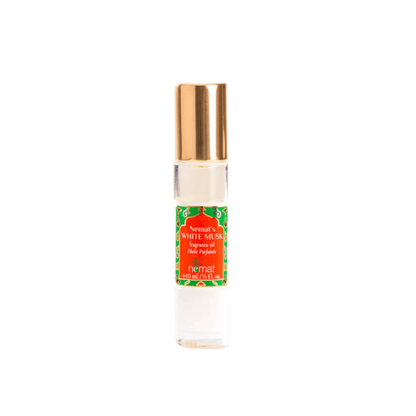 Front view of Nemat International, Inc. White Musk Fragrance Roll-On showcasing its gold cap and colorful label with a white background