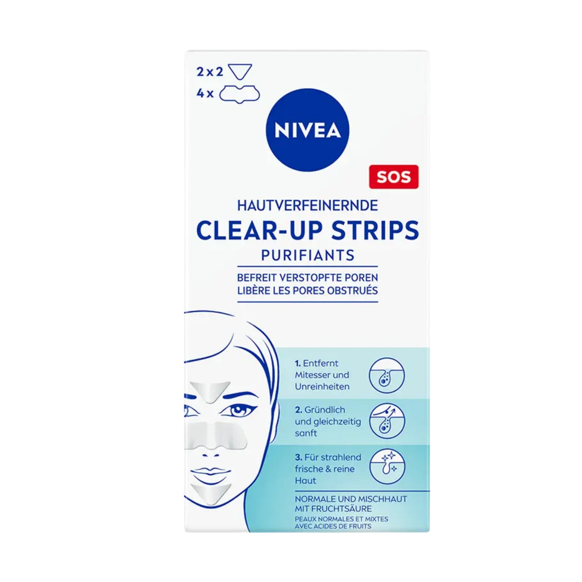 Front view of Nivea Clear Up Strips showcasing pore cleansing strips packaging with a white background