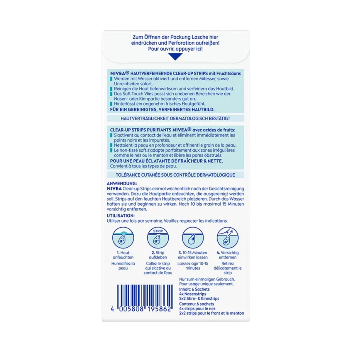 Back view of Nivea Clear Up Strips packaging showcasing usage instructions on a white background