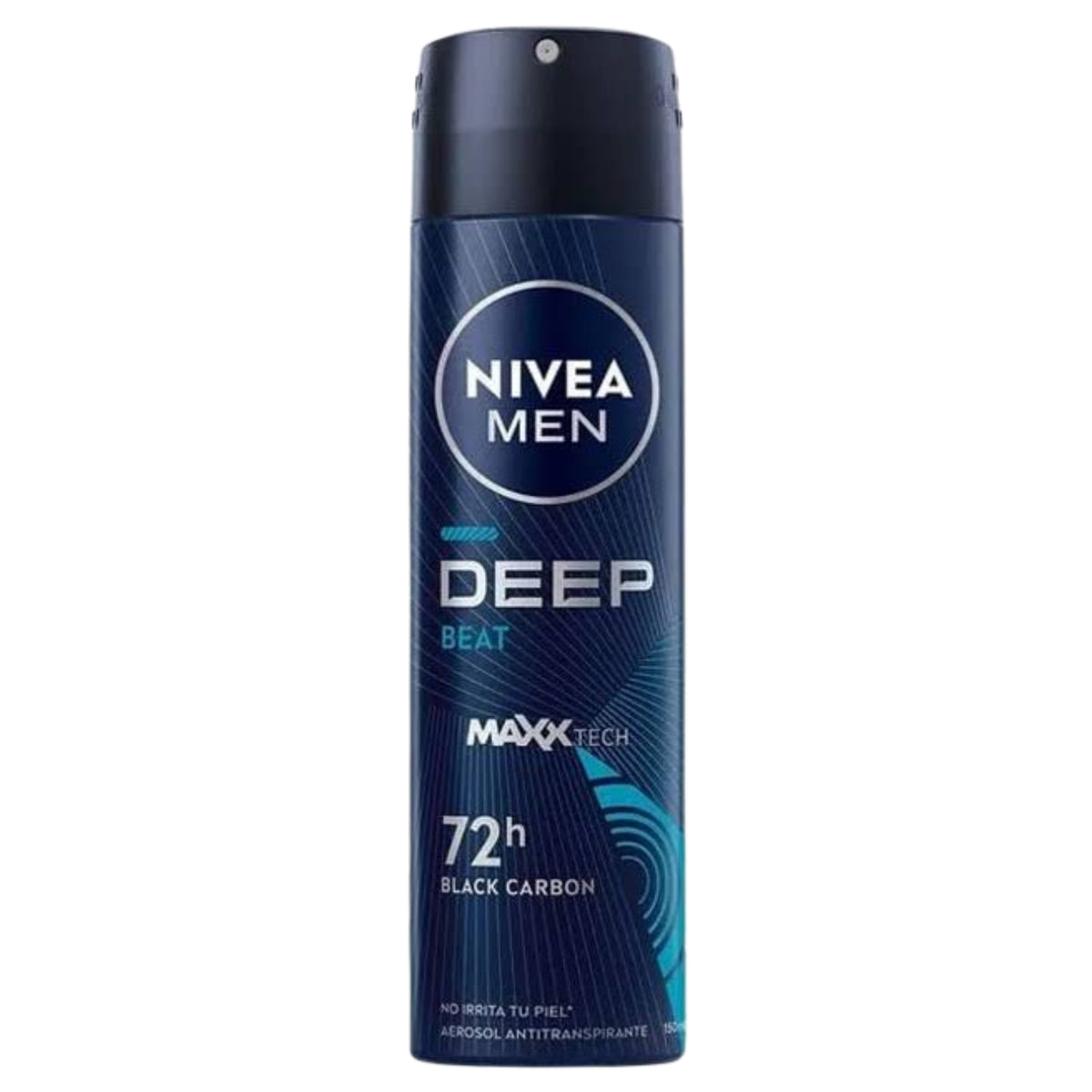 Front view of Nivea Men’s Spray Deep Black Carbon Beat Anti-Perspirant Deodorant with 72 hour protection on white background