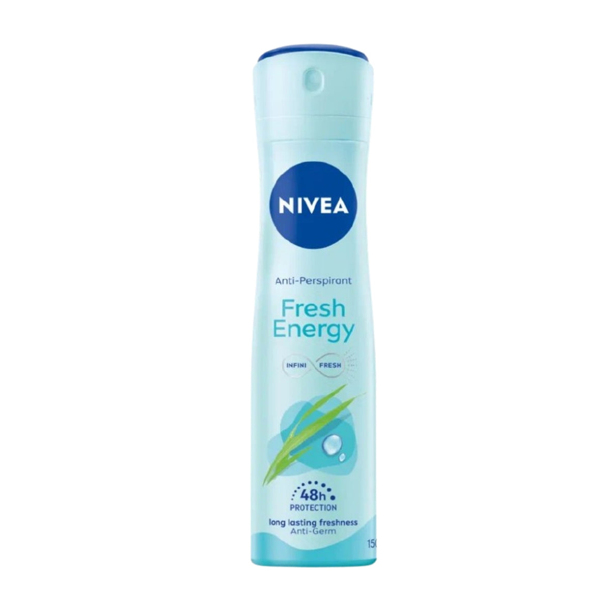 Front view of Nivea Women’s Spray Fresh Energy Anti-Perspirant Deodorant in a turquoise can on white background