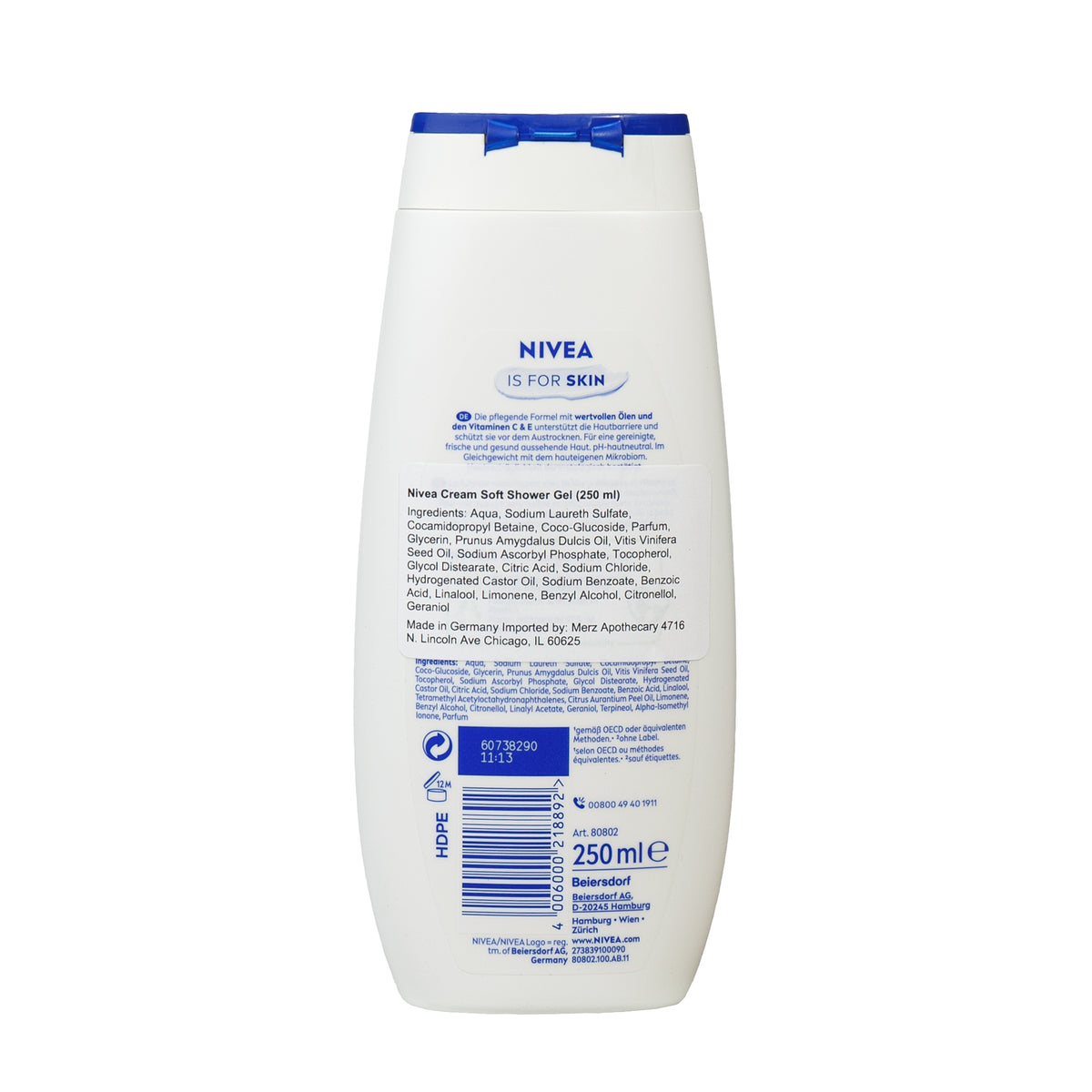 Back view of Nivea Creme Protect + Dexpanthenol Shower Gel showing the 250 ml label on a white background