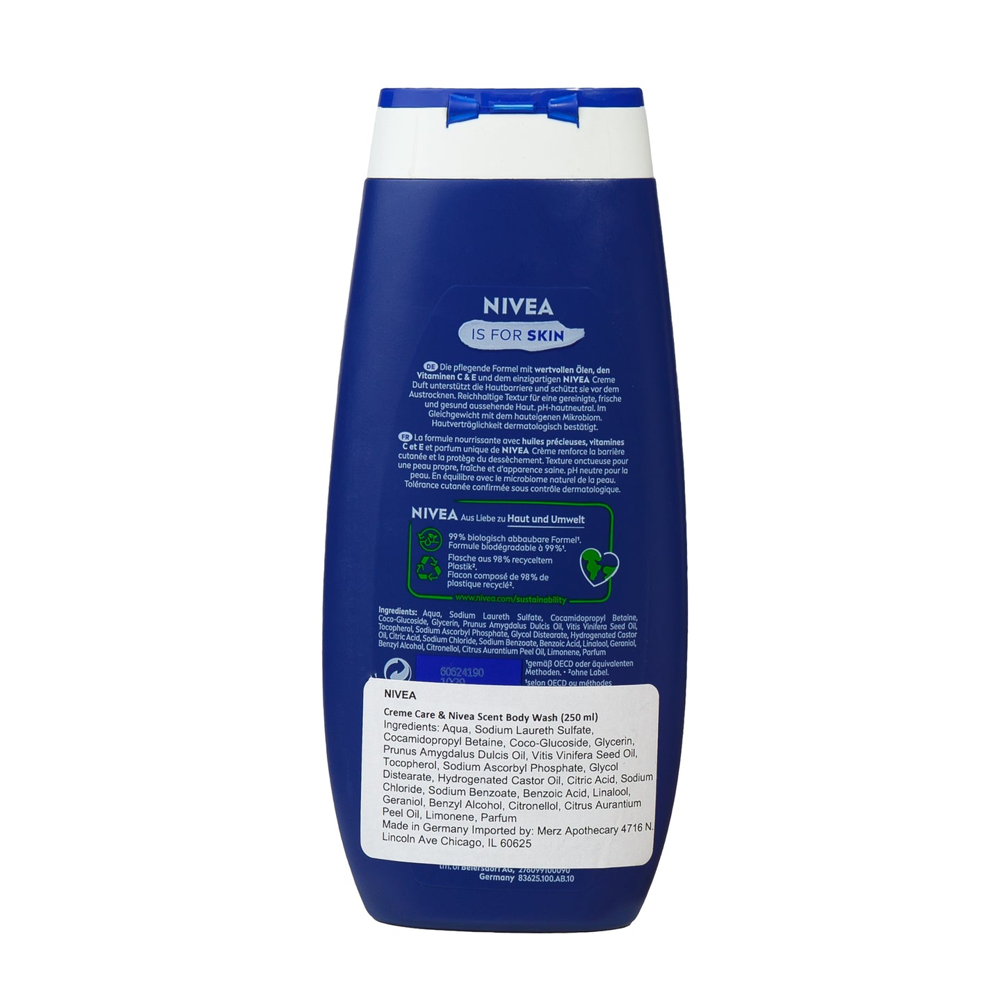 Back view of Nivea Creme Care Body Wash showcasing its blue bottle and rear label on a white background