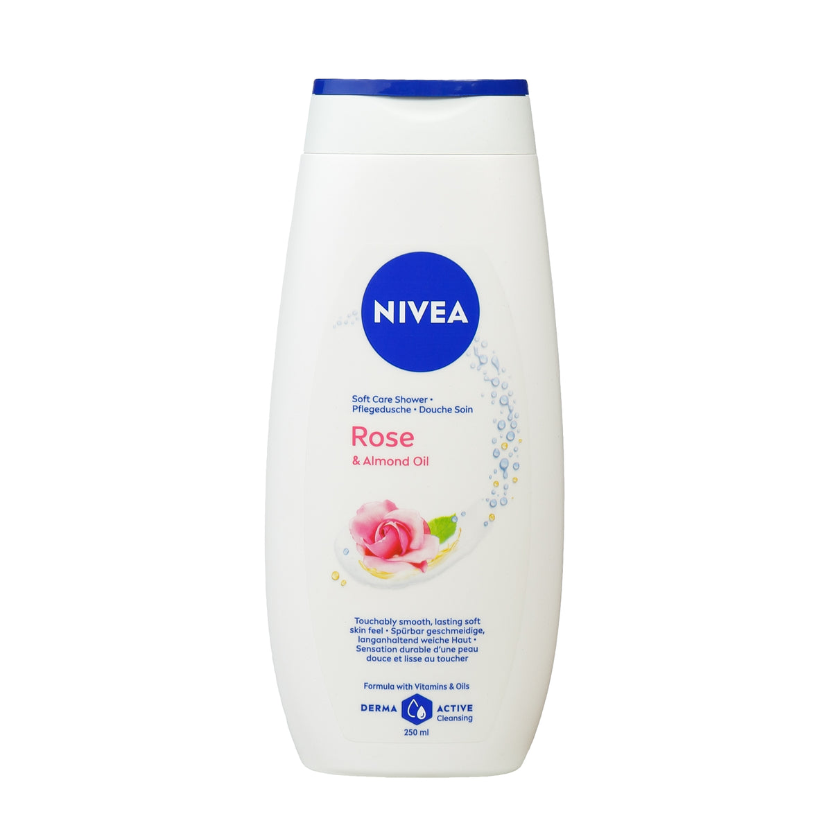Front view of Rose and Almond Oil Nourishing Shower Gel bottle showcasing Nivea branding on a white background