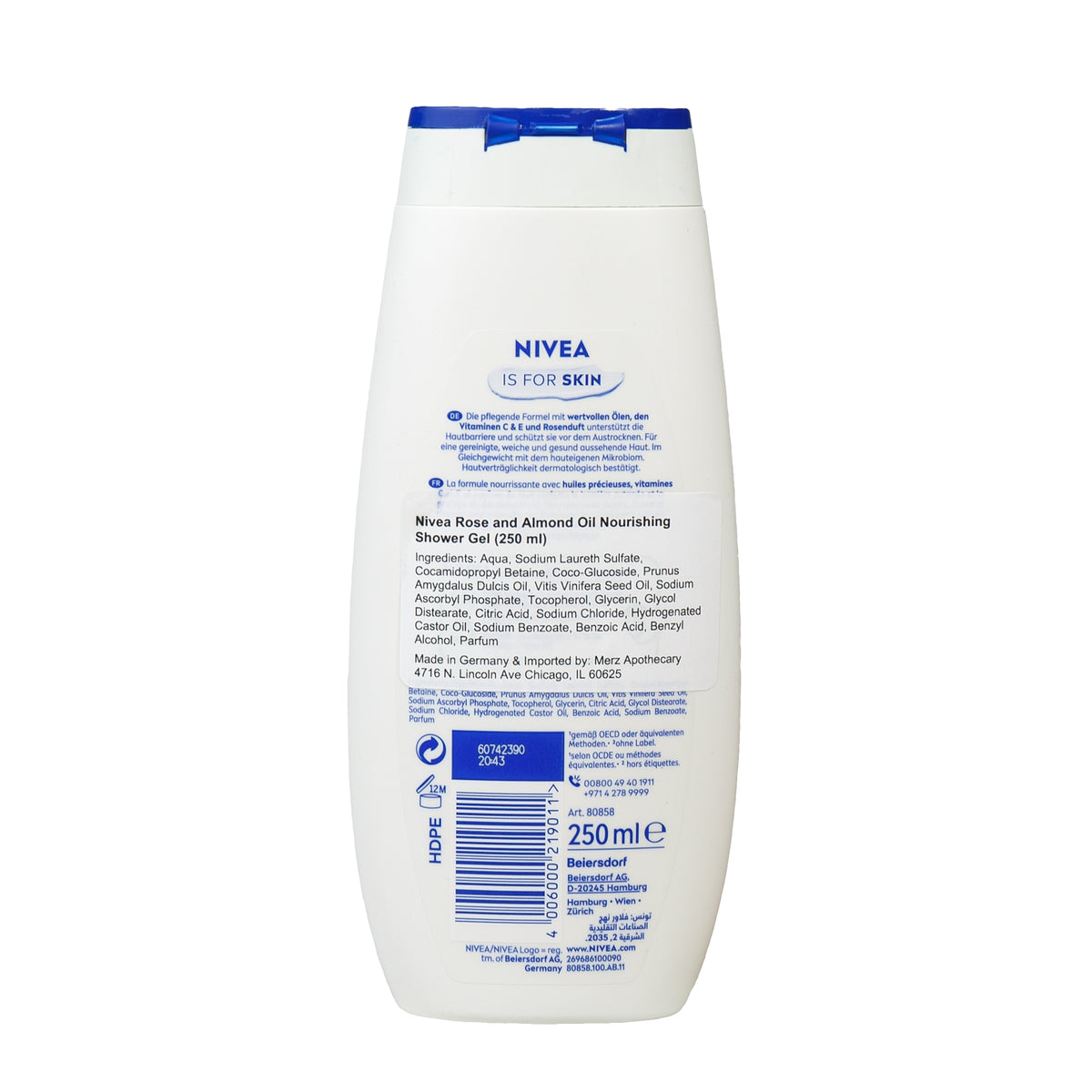 Back view of Nivea Rose and Almond Oil Nourishing Shower Gel showcasing white bottle with blue cap on white background