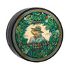 Top view of Noble Otter Monoi De Tahiti shaving soap showcasing an ornate botanical tin design with a white background