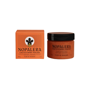 Front view of Nopalera Flor de Madera Body Polish showcasing an orange box and brown jar on a white background