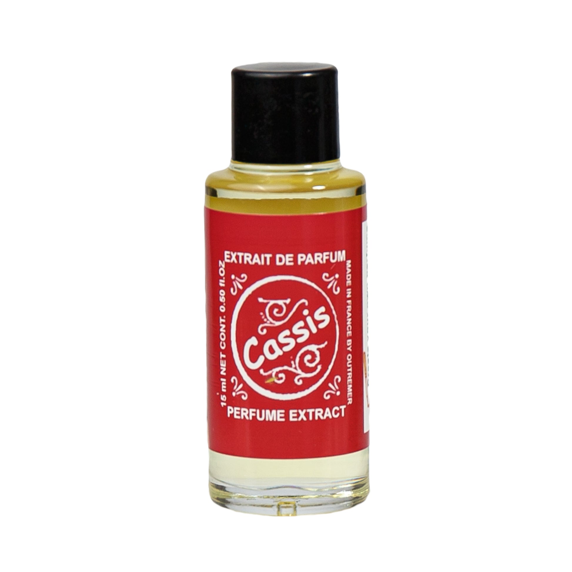 Primary Image of Cassis Perfume Extract, small glass bottle featuring a label that says Cassis Perfume Extract
