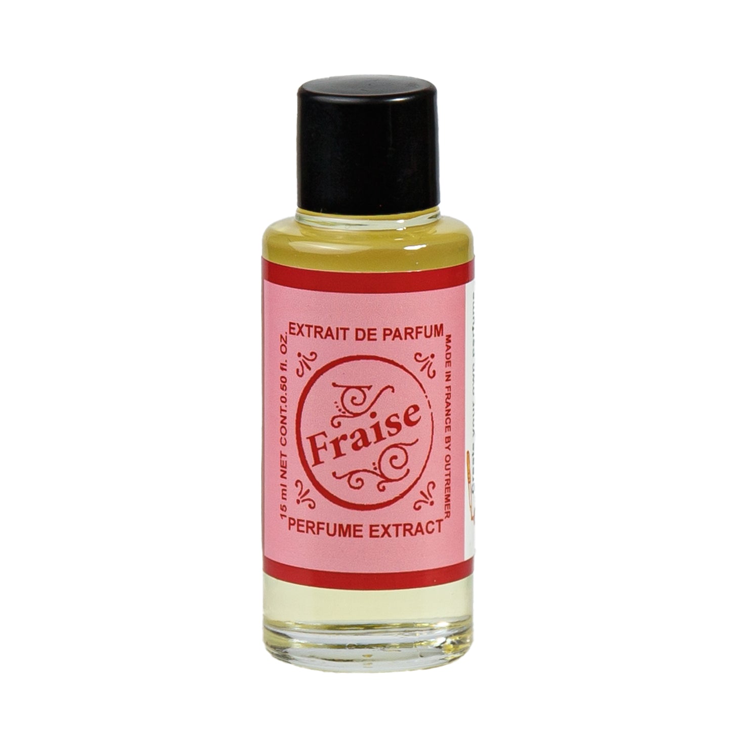 Primary Image of Fraise Perfume Extract, A small glass bottle with an art deco label saying Fraise Perfume Extract