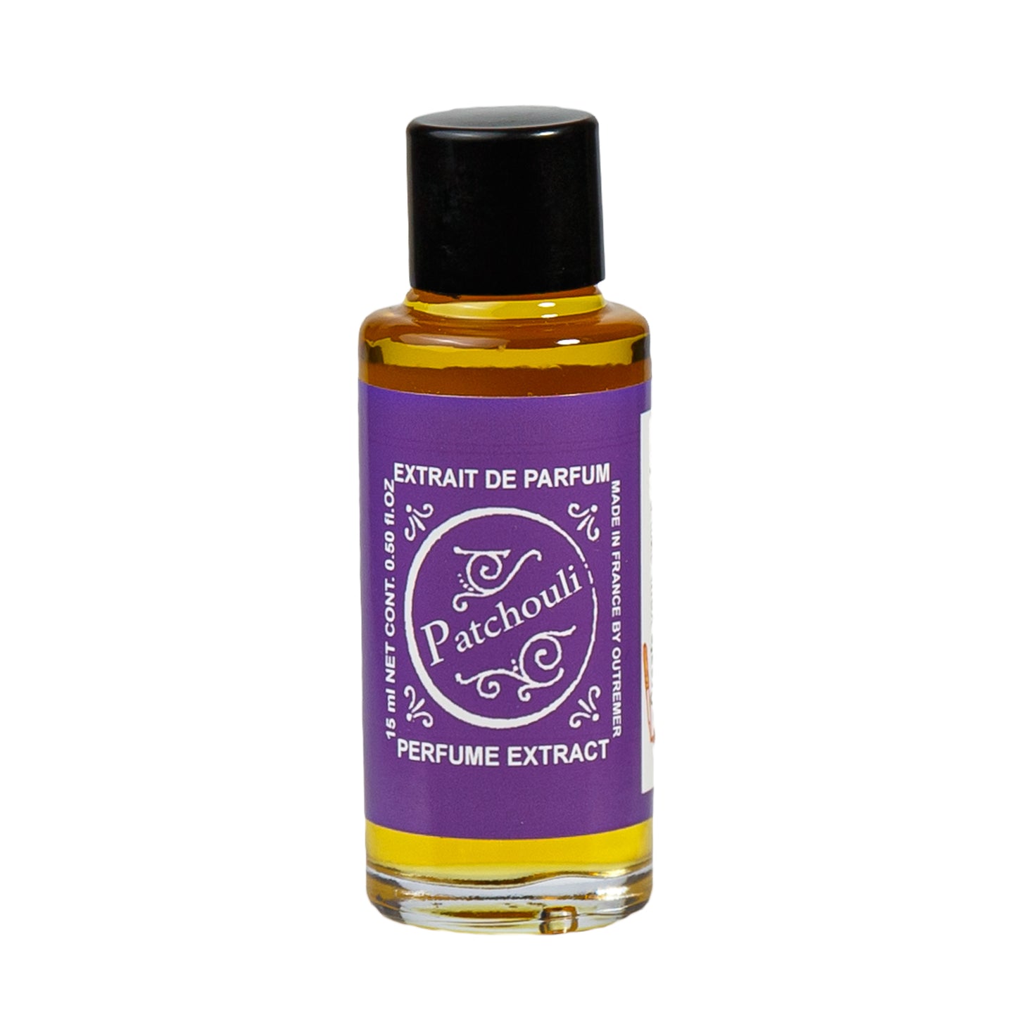 Primary Image of Patchouli Perfume Extract, A small glass bottle with an art deco label saying Patchouli Perfume Extract